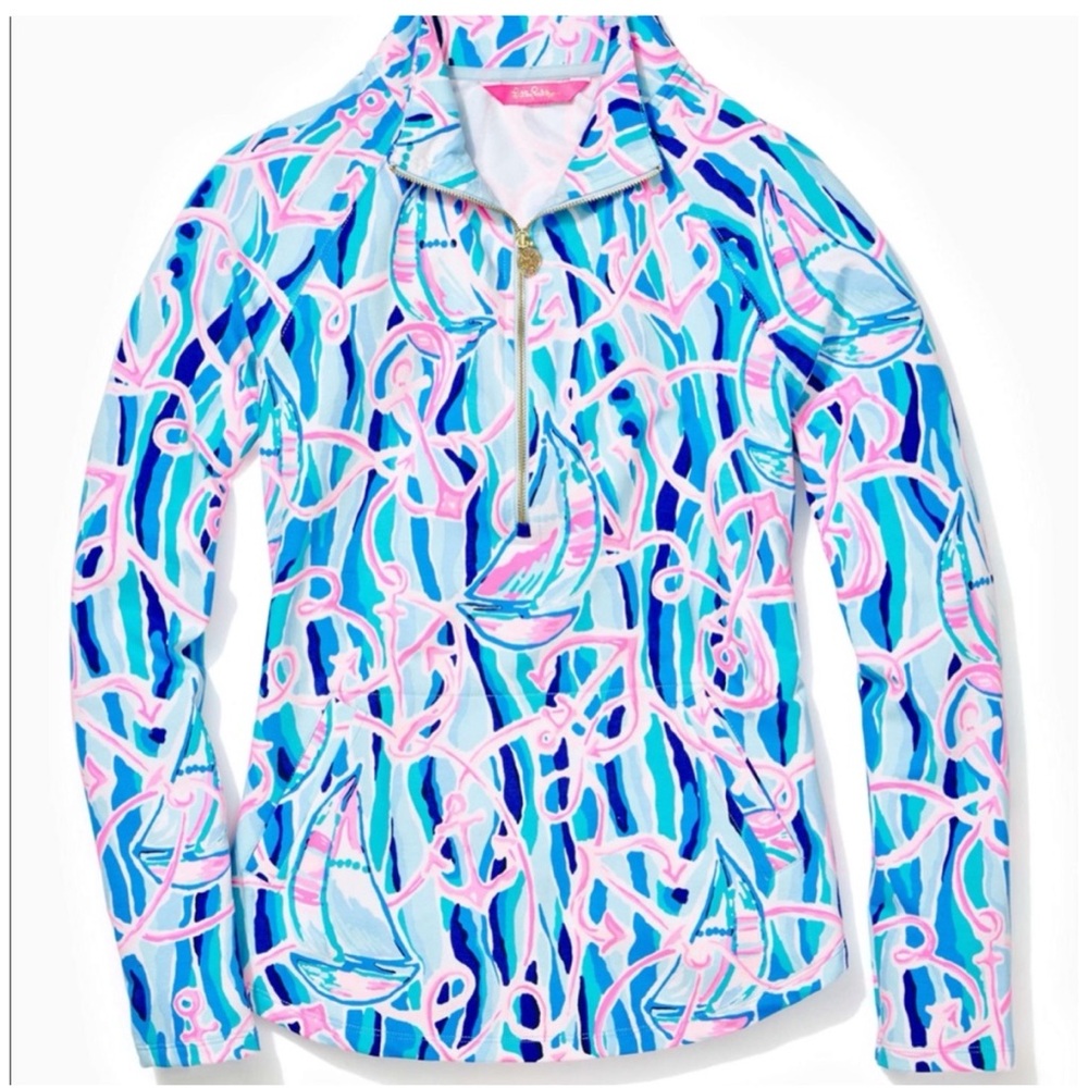 Lilly Pulitzer UPF 50+ Skipper Popover Skim Blue Reel Nauti Small Top Sweatshirt